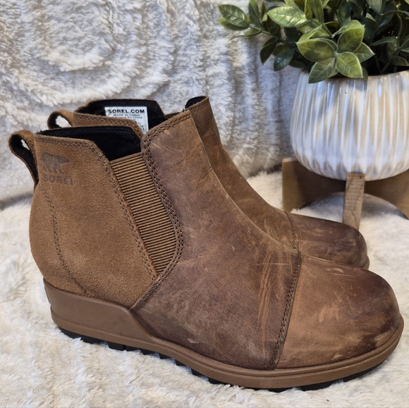 Sorel Shoes - Sorel Evie Wedge Bootie Pull On Ankle Boot Tan Leather Waterproof Size 6.5